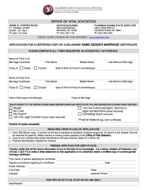 Application for Delaware Same-Gender Marriage Certificate