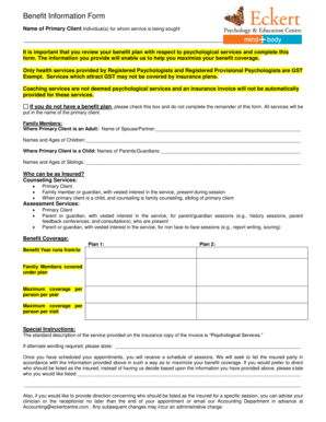 Benefit Information Form for Psychological Services