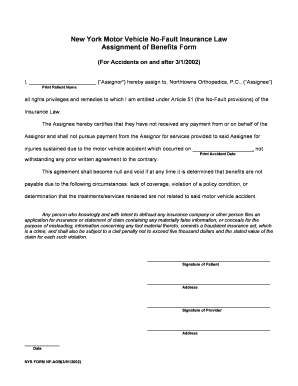 New York Motor Vehicle No-Fault Insurance Assignment of Benefits Form