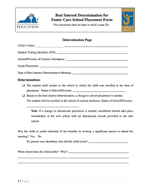 Best Interest Determination for Foster Care School Placement Form
