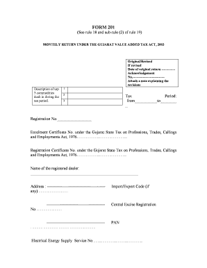 Gujarat Value Added Tax Monthly Return Form 201