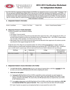 2012–2013 Verification Worksheet for Independent Student