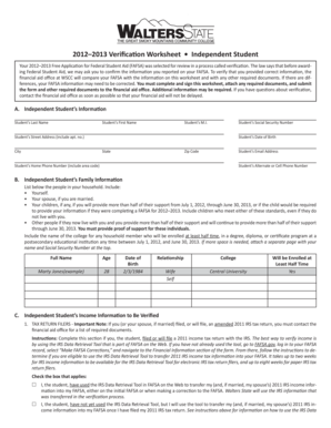 2012–2013 Verification Worksheet for Independent Student