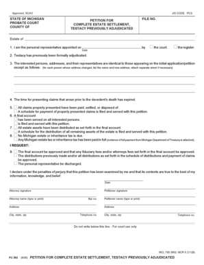 Michigan Petition for Complete Estate Settlement