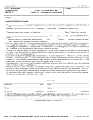 Michigan Probate Court Notice of Appointment and Duties of Personal Representative