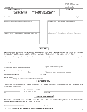 Affidavit and Notice of Entry of Foreign Judgment