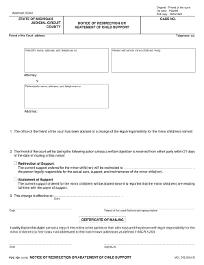 Michigan Notice of Redirection or Abatement of Child Support