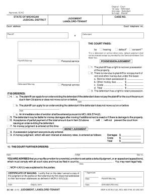 Judgment Landlord-Tenant DC105 - Michigan Courts - One Court - courts mi