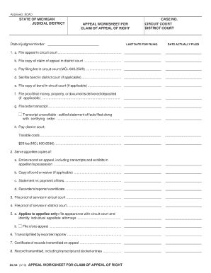 Michigan Appeal Worksheet for Circuit Court