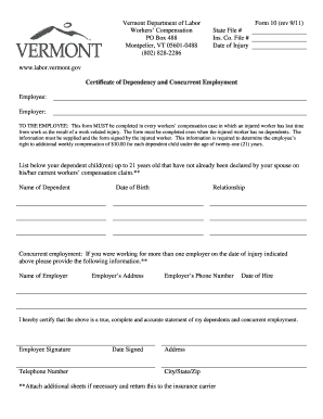 Vermont Workers’ Compensation Dependency Form