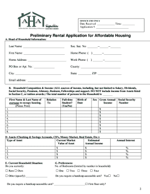 Preliminary Rental Application for Affordable Housing