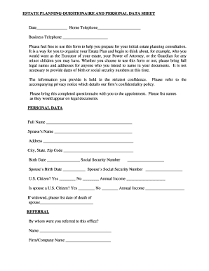 Estate Planning Questionnaire and Personal Data Sheet
