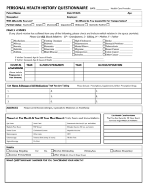 Personal Health History Questionnaire