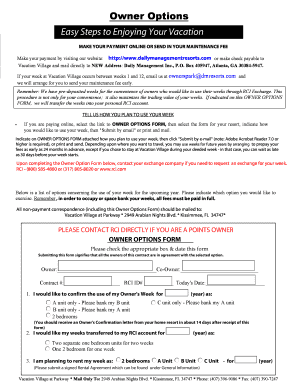 Vacation Village Owner Options Form