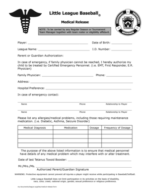 Little League Baseball Medical Release Form