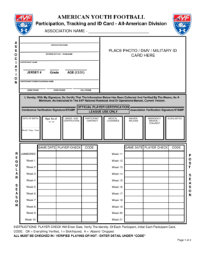 American Youth Football Participation Tracking and ID Card