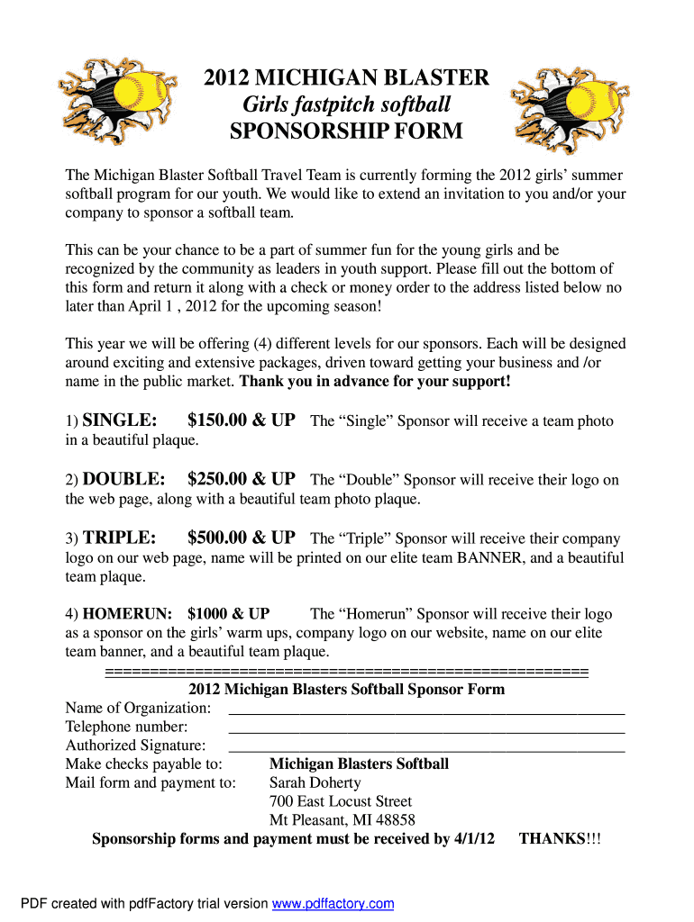 Softball Sponsorship Form Fill and Sign Printable Template Online