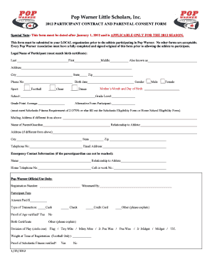 2012 Pop Warner Participant Contract and Parental Consent Form