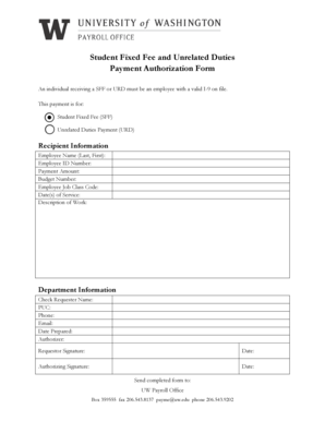Student Fixed Fee and Unrelated Duties Payment Authorization Form