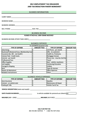 Self-Employment Tax Organizer and Deduction Finder Worksheet