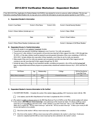 2014-2015 Verification Worksheet - Dependent Student