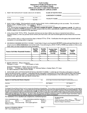 North Carolina Child and Adult Care Food Program Eligibility Application