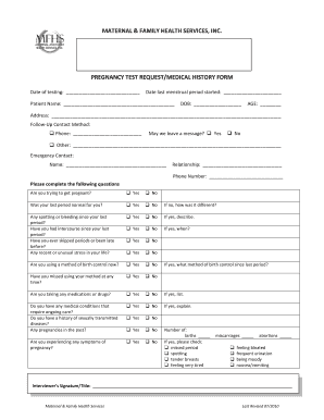 Pregnancy Test Request Medical History Form