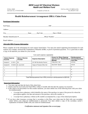 Health Reimbursement Arrangement Claim Form