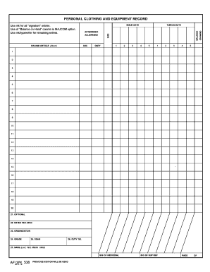 AF Form 538 Personal Clothing and Equipment Record