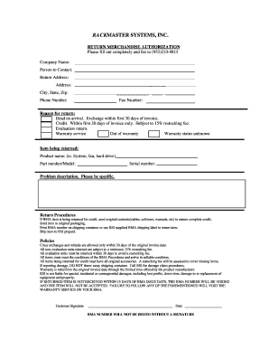 Rackmaster Systems Return Merchandise Authorization