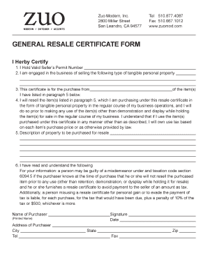 California General Resale Certificate Form