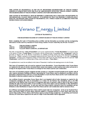 Letter of Transmittal for Verano Energy Shareholders