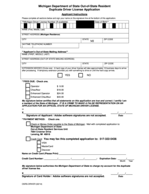 Michigan Out-of-State Resident Duplicate Driver License Application