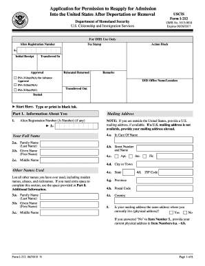 USCIS Form I-212 Application for Permission to Reapply for Admission