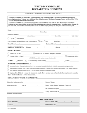 Michigan Write-In Candidate Declaration of Intent