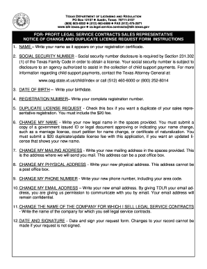 Texas For-Profit Legal Service Contracts Sales Representative License Change Form
