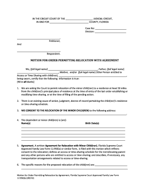 Florida Motion for Order Permitting Relocation by Agreement