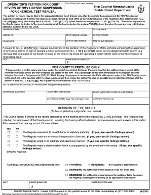 Operator's Petition for Court Review of RMV License Suspension