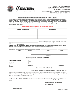California Certificate of Identity/Sworn Statement - Birth & Death