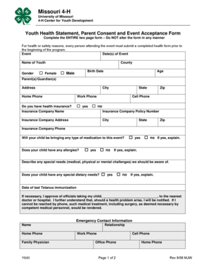 Missouri 4-H Youth Health Statement and Consent Form