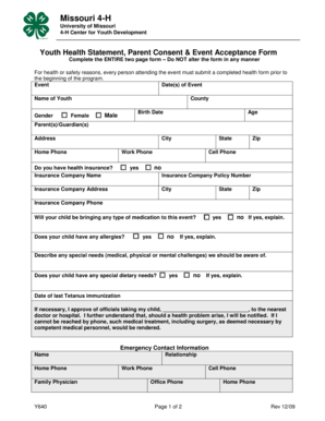 Missouri 4-H Youth Health Statement and Consent Form