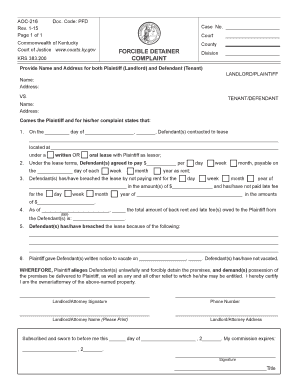 Kentucky Forcible Detainer Complaint Form