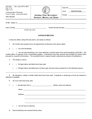 Kentucky Informal Final Settlement Affidavit