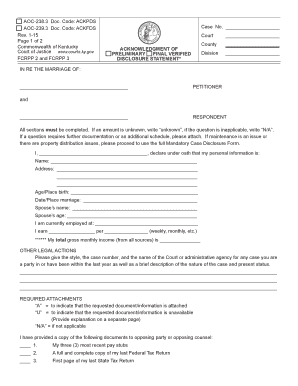 Kentucky Acknowledgment of Verified Disclosure Statement