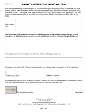 Blanket Certificate of Exemption - Ohio