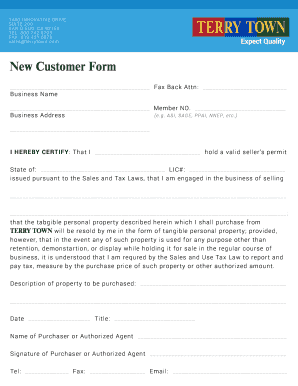 Terry Town New Customer Form