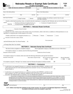 Nebraska Resale or Exempt Sale Certificate