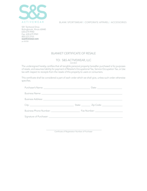 Blanket Certificate of Resale