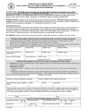APLICACIÓN PARA UNA COPIA CERTIFICADA O UNA BUSQUEDA DE REGISTRO DE MATRIMONIO