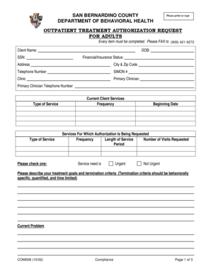 San Bernardino County Outpatient Treatment Authorization Request